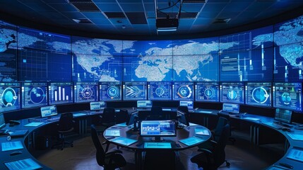 Cyber security operation center in action, monitors displaying real-time cyber threat maps and digital defense mechanisms.