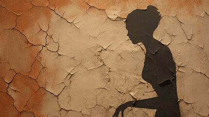 A woman's silhouette filled with cracks, blending into a weathered wall.
