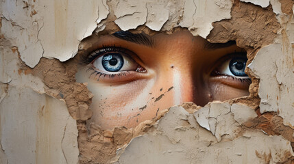 Intense gaze of a woman observed through a hole in a decayed wall.