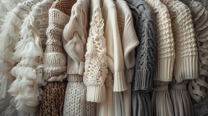 A rack of sweaters with a white sweater on the top