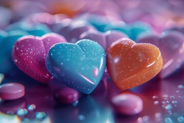 Obraz premium Glittering heart candies with water droplets offer a vibrant, romantic appeal, perfect for expressing love and sweetness