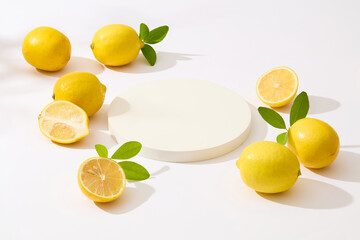 A round pedestal with nothing above displayed on white table, decorated with many lemons. lemon can...
