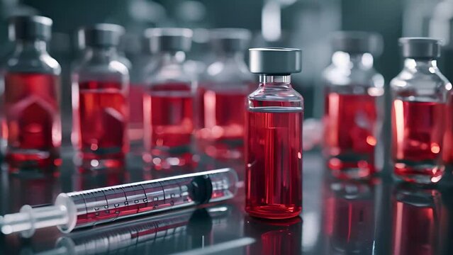 Disposable medical syringe and glass vials of medicines serum for injection. An serum ampoule and medical vials syringe