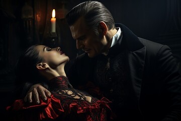 Vampiric Kiss, Dracula and Maiden Sharing a Haunting Moment - obrazy, fototapety, plakaty