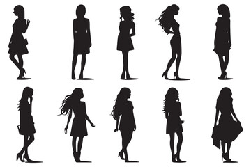 bundle of black silhouettes girls isolated on white background