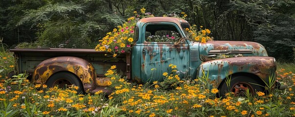 Overgrown truck with flowers in the garden