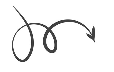 A curving arrow design in black with a transparent background, illustrating a looping motion ending with a pointed arrowhead, ideal for directional cues in templates and graphics