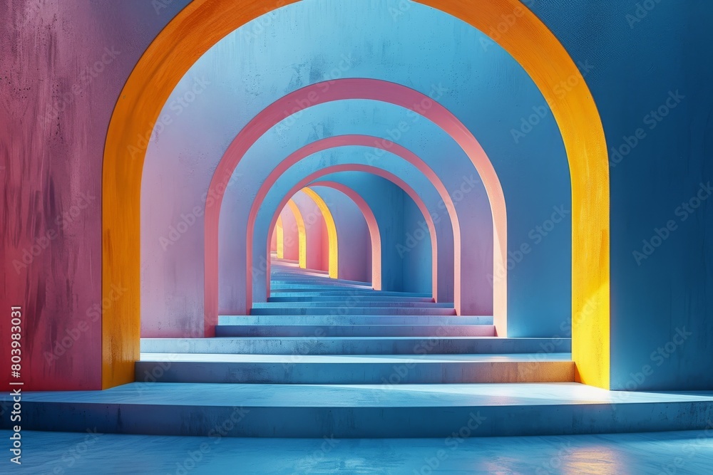 Poster this image features a series of archways with a mesmerizing gradient of colors, capturing a fantasti