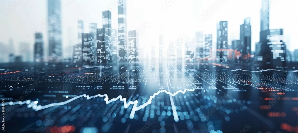 Poster 	
Business economy line chart visualization with bokeh modern city skyline background. Generative AI technology.	
