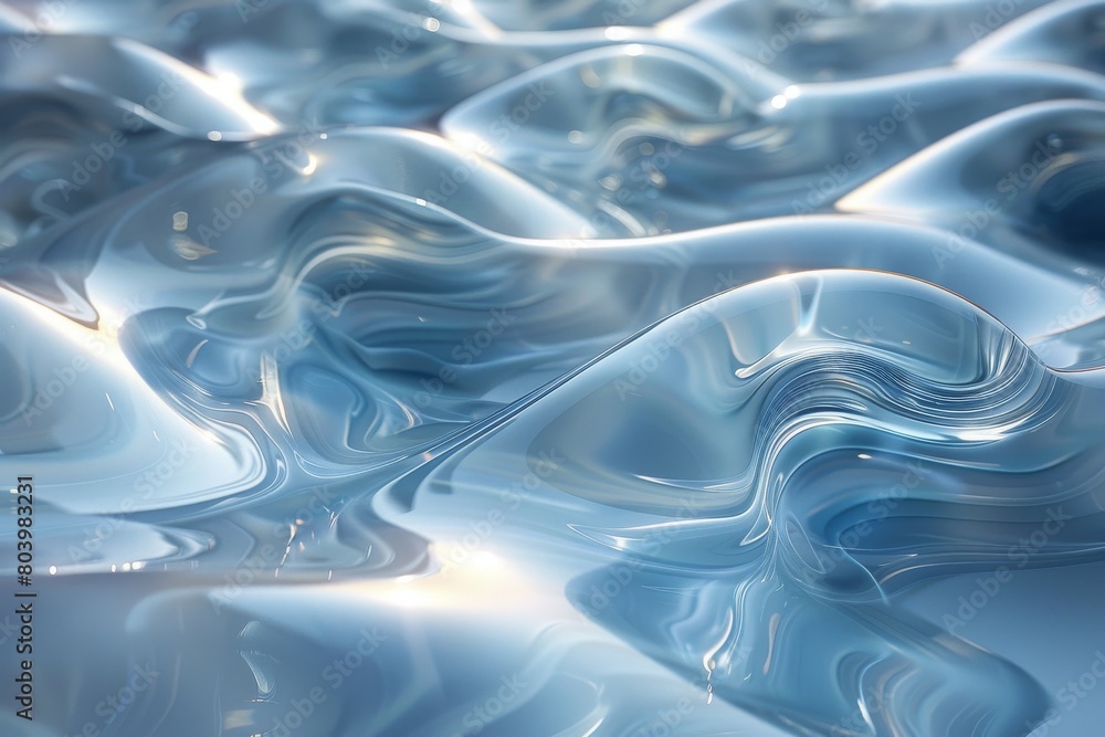 Poster captivating and hyper-realistic depiction of a blue fluid surface that reflects light, creating an i