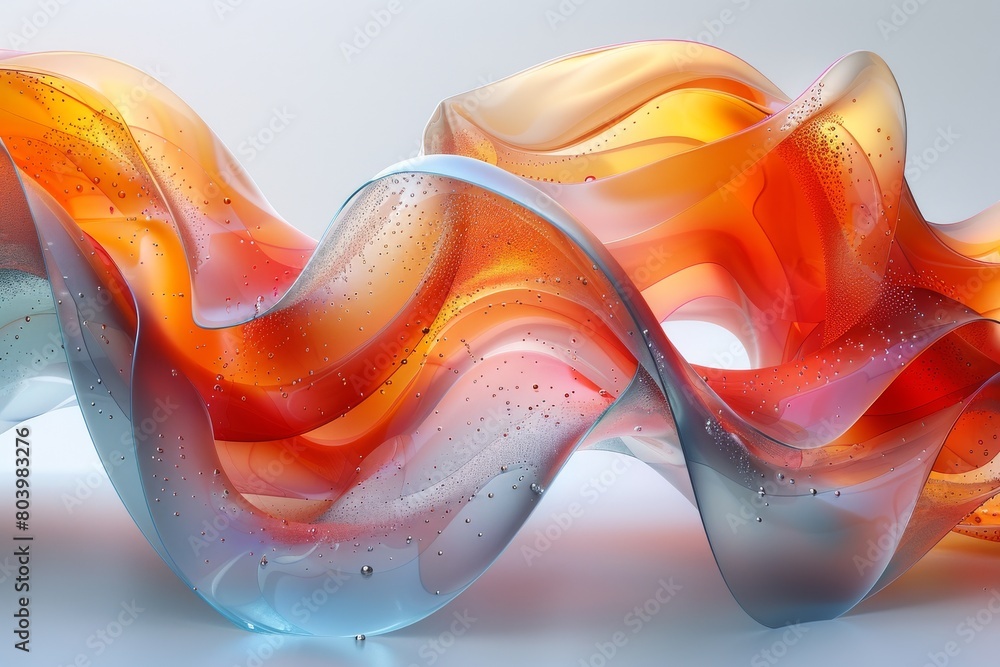 Poster an intricate illustration of wavy fluid-like structures with an orange and red color palette and a g