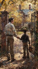 Fototapeta premium Father and son at the school gate