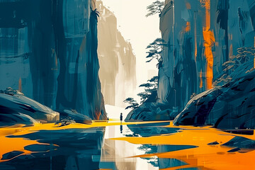 Abstract silhouette nature landscape art of rock mountain valley with river by dark blue and yellow tones in minimal style. 