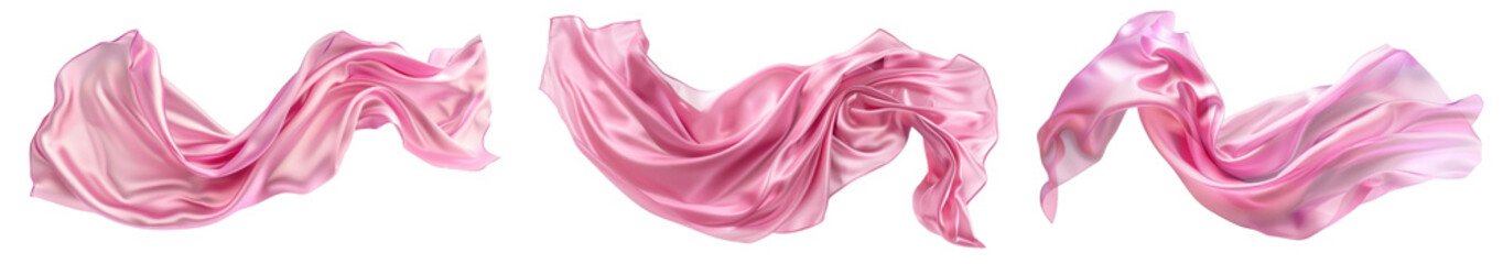 Pink long silk or satin fabric floating in the air, transparent or isolated on white background