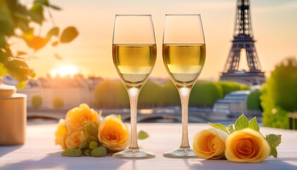 Two wine glasses on a table with the Eiffel Tower in the background during springtime in Paris