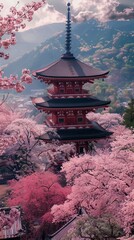 The serene ambiance of a traditional Japanese pagoda enveloped by cherry trees in their glorious...