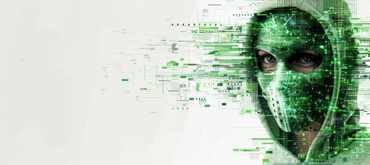 Masked female hacker on green digital background. Cyber internet criminal. Generative AI technology.	
