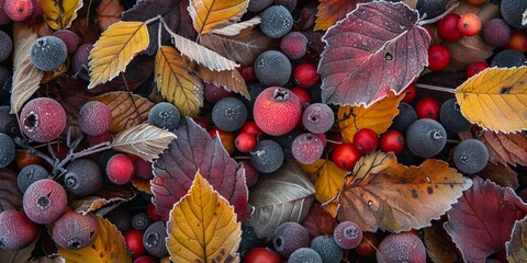 Frosty autumn berries amidst colorful leaves