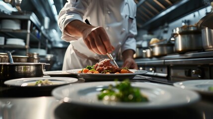 Chef garnishing a dish with finesse in a professional kitchen, focus on the artistic presentation of food.