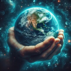 Earth Day, depicting a gentle hand cradling the planet Earth with care and compassion, symbolizing our responsibility to protect and preserve our home