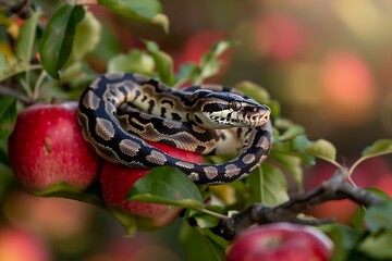 a detailed and realistic python entwined around apple branches, vivid red apples in the background