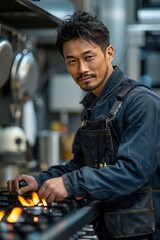 Smiling Asian handyman repairing gas kitchen stove