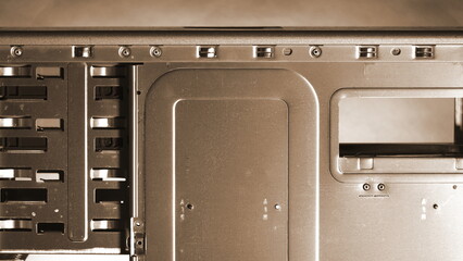 Metal computer case close-up. Computer Accessories Conception. Digital Wallpaper