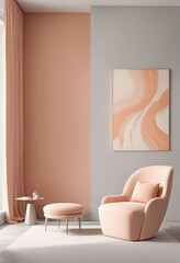  Peach fuzz trend color year 2024 in the luxury Livingroom. Painted mockup gray wall for art, peach apricot beige pastel chair color. Modern room design interior home. Accent premium lounge. 3d render