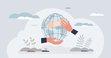 Humanitarian aid and international medical support tiny person hands concept. Global donations with humanitarian help and donations vector illustration. Volunteer help with pharmacy in crisis regions