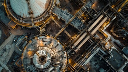 Fototapeta premium Wide-angle aerial photo of a large industrial sector, detailed with aluminum propellers and turbines, styled in contemporary fashion