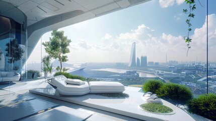 Visionary energy-efficient house with advanced materials of the future, smart technologies integrated into every room, and a panoramic view of a futuristic cityscape