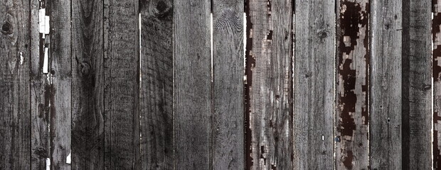 Retro Wood Background. Vintage Fence with cracked Paint. Web Banner. Outdoor. Black and white