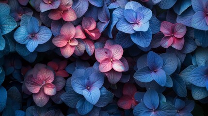A close-up photograph of pink and blue hued hydrangea flowers.