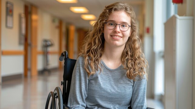A young woman in a wheelchair is smiling at the camera