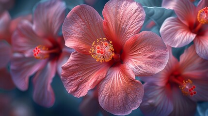 A beautiful close up photograph of a pink hibiscus flower.