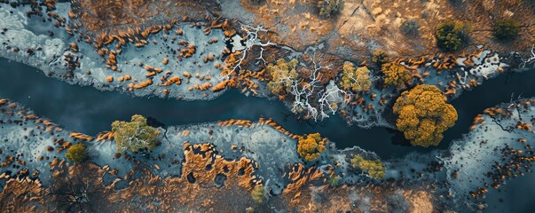 Aerial drone view of the colours and textures of Lake Dimboola