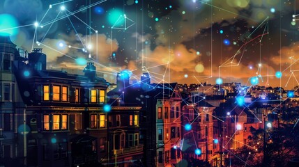 Naklejka premium Vibrant digital community, smart homes networked via IoT, set against a backdrop of historic urban decay, symbolizing progress