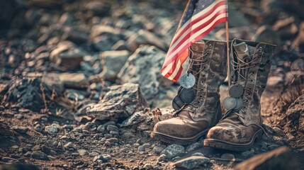 Veteran's tribute with aged military boots, dog tags, and American flags, displayed on a rocky ground, evoking patriotism and remembrance
