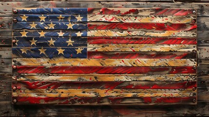 Vibrant and detailed American flag displayed on a rugged wooden plank, emphasizing strength and patriotism
