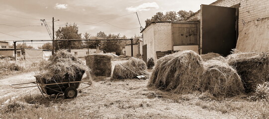 Sepia Tone Haystacks And Wheelbarrow Rural Scene