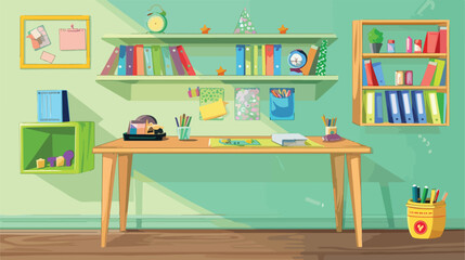 Wooden table with stationery in kid room Vector style