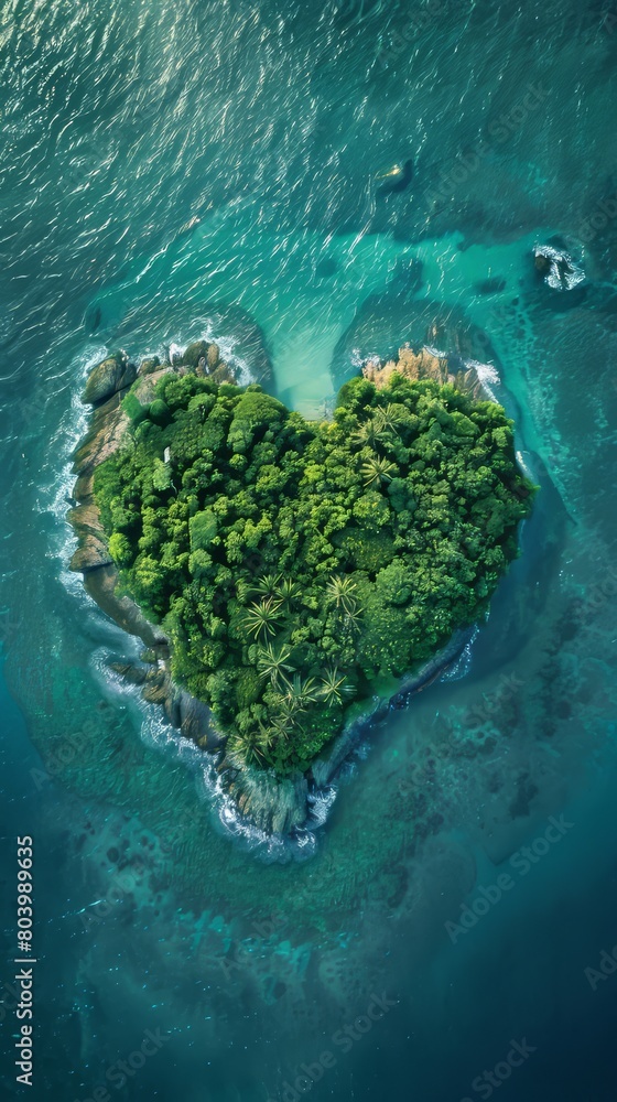 Wall mural pacific island in the shape of a love heart. aerial shot, holiday concept. - Wall murals