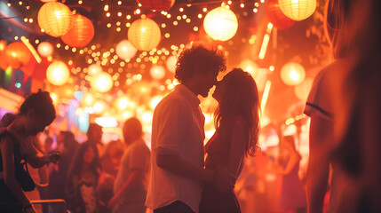 Romantic Couple Kissing at Lantern Festival