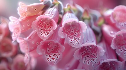 A close-up image of pink foxglove flowers in bloom with a blurred background.