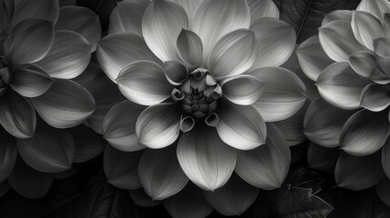 A grayscale photo of several dahlia flowers in full bloom against a dark background.
