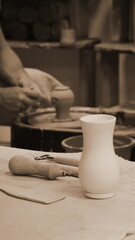 Pottery Studio Craft Tools White Vase Vertical Sepia Photograph