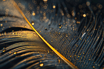 Black feather with golden line and water droplets in close up at golden morning light