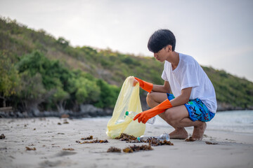 Eco volunteer wearing in summer cloth and safe gloves clean collecting on beach from garbage, plastic, hold trash black bags on beach care of environment is save earth day concept. - 803991052
