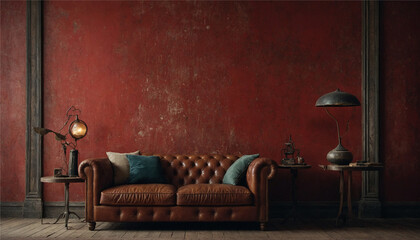 A vintage-inspired red background, interior of a room with sofa, Generative AI