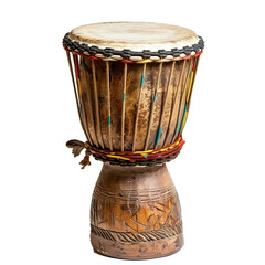 A large wooden drum with a black and brown design